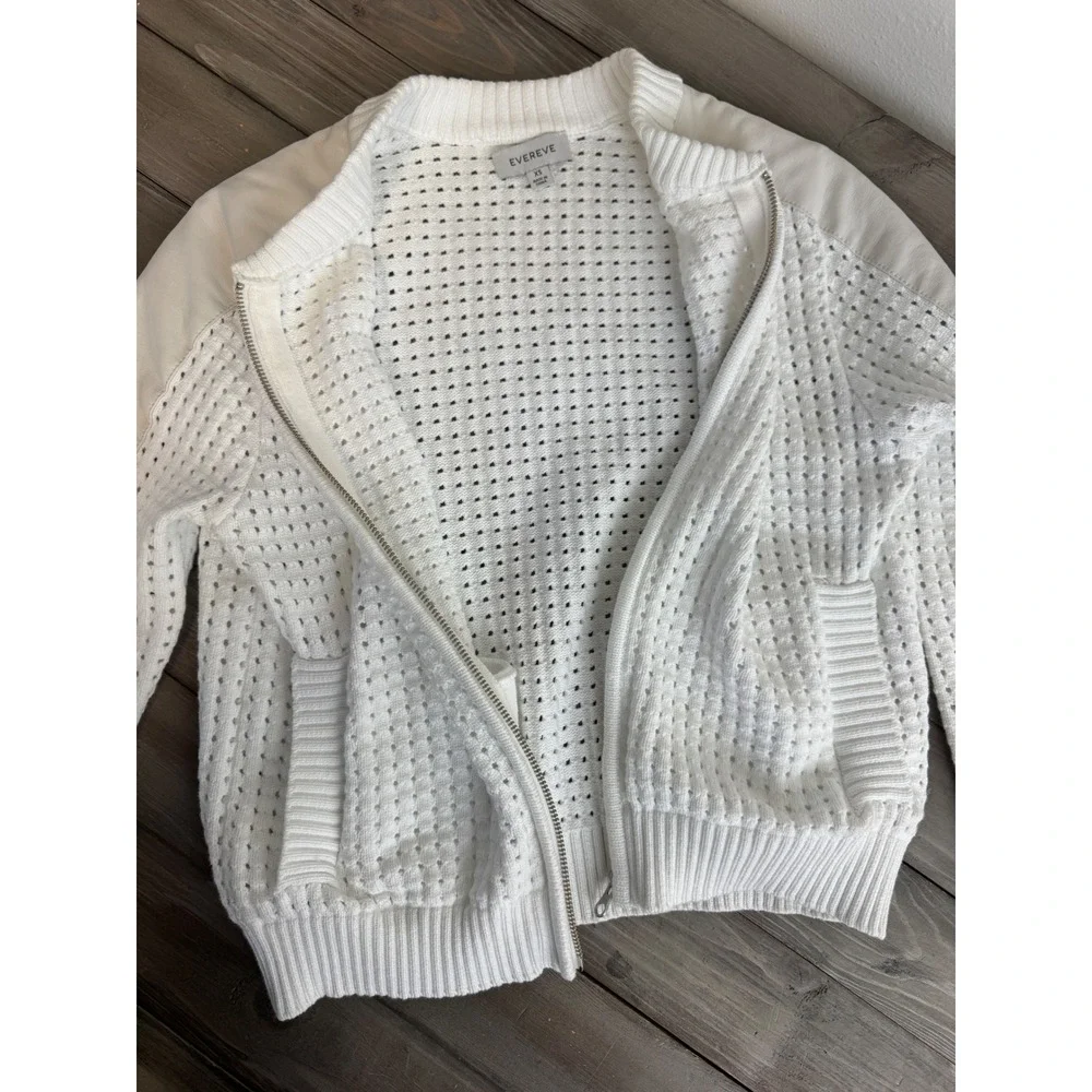 Evereve Harlow White Pointelle Open Knit Bomber Jacket Faux Leather Trim XS